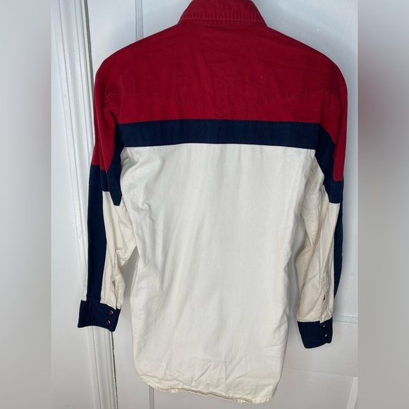 Wrangler Vintage 90’s Red, White, and Blue Western Shirt w Red Pearl Snaps - Picture 4 of 5